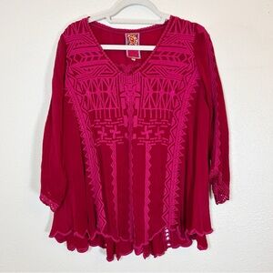 Johnny Was Magenta Embroidered Blouse Top Large Rayon Bohemian Casual
